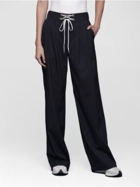 NWT- Avec Les Filles Deep Navy Lace Up Wide Leg Trousers Pinstripe Pant
